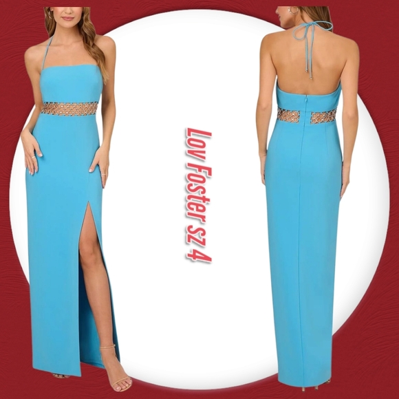 NWT Liv Foster Woman's Dress Blue Maxi Halter Sheath Cutout Sz 4 - Picture 3 of 12
